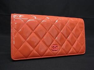 1円 CHANEL シャネル ココマーク マトラッセ パテントレザー キルティング 二つ折り 長財布 ウォレット 小銭入れ オレンジ系 BL0359