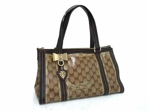 1円 GUCCI グッチ 181490 204046 GG柄 GGクリスタル コーティングキャンバス×レザー リボン ハンドバッグ レディース ブラウン系 BL0104