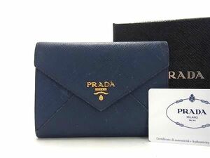 1円 ■美品■ PRADA プラダ 1MH002 サフィアーノレザー 三つ折り 財布 ウォレット 札入れ 小銭入れ カード入れ ブルー系 AY2297