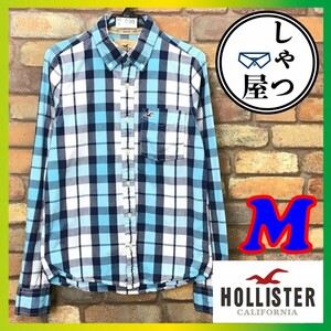 SD8-598◆さわやか◆状態良好【HOLLISTER ホリスター】片ポケット 長袖 ボタンダウン チェックシャツ【メンズ M】青 古着 サーフィン