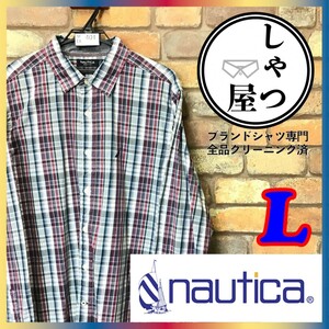 ME6-401★アメリカ古着 大きいサイズ★良品【NAUTICA ノーティカ】胸 刺繍ロゴ 長袖 チェックシャツ【メンズ L】灰 紺 赤 長袖シャツ