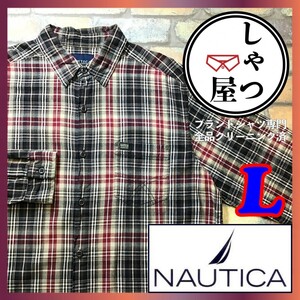 ME5-207★良品★海外モデル★【NAUTICA JEANS ノーティカ】メタルタグ付き 渋色タータンチェック 長袖 シャツ【メンズ L】茶 赤 ウエスタン