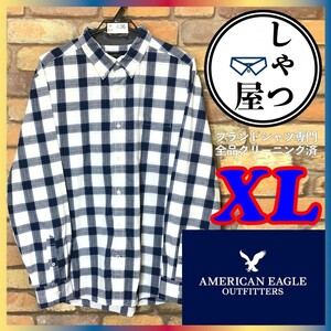 ME9-406◆BIGサイズ◆USA直輸入品◆【American Eagle アメリカンイーグル】チェック 長袖 コットン ボタンダウンシャツ【メンズ XL】紺