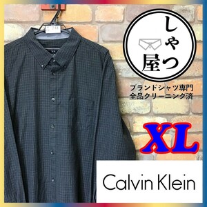 ME6-241★CK カルバン クライン★長袖 ボタンダウンシャツ【メンズ XL】黒 チェックシャツ BDシャツ 裾タブ 大きいサイズ ゆるだぼ