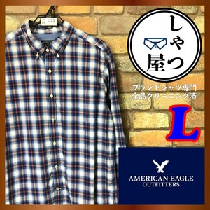 ME9-095◆USA規格・大きめ◆良品◆【American Eagle アメリカンイーグル】チェック 長袖 コットン ボタンダウンシャツ【メンズ L】ネイビー