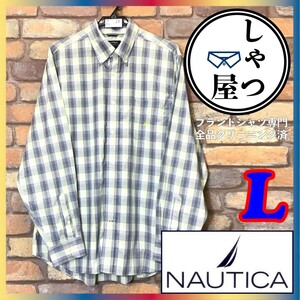 ME5-181★USA直輸入★良品＆正規品★大きいサイズ【NAUTICA ノーティカ】キレイめ チェック 刺繍ロゴ 長袖 BDシャツ【メンズ L】黄×灰