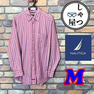 ME5-235◆USA直輸入◆良品＆正規品◆良色【NAUTICA ノーティカ】ロゴ刺繍 長袖 ストライプシャツ【メンズ M】薄赤×青 USA古着 ゆるダボ