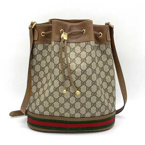 1円 外観極美品 GUCCI オールドグッチ シェリーライン GG柄 巾着ショルダー ショルダーバッグ ブラウン インターロッキングG ゴールド金具