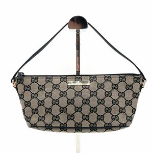 1円 極美品 GUCCI グッチ GGキャンバス レザー ブラック ブラウン アクセサリーポーチ ハンドバッグ ゴールド金具 039 1103