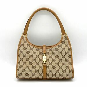 1円 美品 GUCCI グッチ ジャッキー ハンドバッグ GGキャンバス レザー ブラウン ベージュ ゴールド金具 001 1068