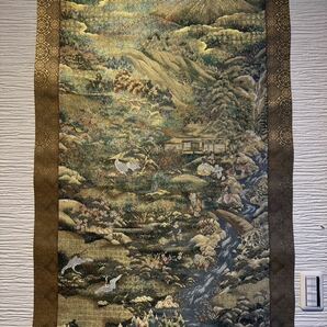 高級西陣織 大幅山水織物画 刺繍画 金織 掛軸 中国画 唐物 中国美術 十寿円満図 二重箱の画像2