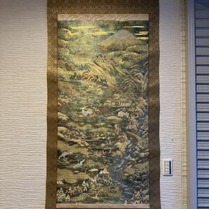 高級西陣織 大幅山水織物画 刺繍画 金織 掛軸 中国画 唐物 中国美術 十寿円満図 二重箱の画像1