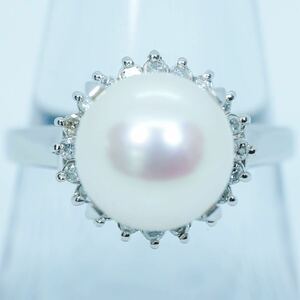 ★1円スタ!鑑定付【0.20ct】PT900 4.9g ♯14 プラチナ 大粒アコヤ真珠 パール ダイヤモンドリング Pearl Diamond Ring 指輪 仕上げ済