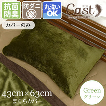 枕カバー 43×63cm カバーのみ 寝具 おしゃれ 洗える 抗菌 防臭 防ダニ グリーン 緑 フランネル 外せるカバー キャスト_画像1