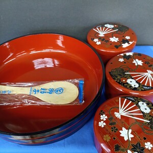  Showa Retro # sushi is .. cover attaching sushi .(3 piece ) wooden rice scoop (. cut . lacquer ware .)