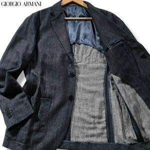 極美品/Lサイズ●最高級 ジョルジオ アルマーニ リネン×カシミヤ テーラードジャケット GIORGIO ARMANI デニム風 ヘリンボーン 黒タグ 50