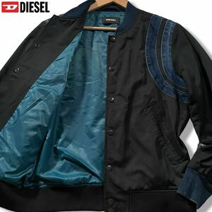 極美品/Lサイズ●DIESEL ディーゼル ナイロンジャケット デニム切替 フライト ボンバー スタジャン MA-1風 裏地ブルー 青 黒 ブラック