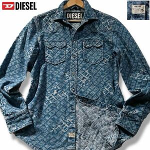 極美品/Lサイズ●DIESEL ディーゼル デニムシャツ ジャケット ジージャン 長袖 インディゴ ロゴ型押し 総柄 メタルボタン ブレイブマンタグ