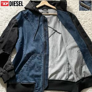 30周年限定/L相当●DIESEL ディーゼル デニム パーカー フード ジャケット G ジージャン インディゴブルー パッチワーク風 切替デザイン