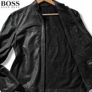 美品/Mサイズ●ヒューゴボス ラムレザー パンチング ジャケット 革ジャン ライダース HUGO BOSS 羊革 山羊革 切替デザイン 黒 ブラック 46