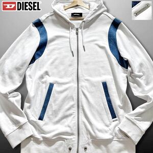 未使用級/XLサイズ●爽快 DIESEL ディーゼル デニム切替 ジップパーカー フード ジャケット ストレッチ インディゴ ロゴ金具 ホワイト 白