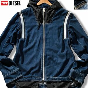 極美品/Lサイズ●DIESEL ディーゼル デニム パーカー フード ジャケット ジージャン ストレッチ ナイロン切替デザイン 袖ロゴプレート