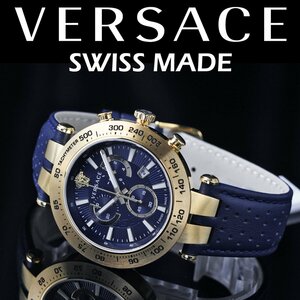 Новый Versace Versace Luxury Swiss Chronograph 50 м. Водонепроницаемый редкий редкий Япония не выпущена в Японии. Новые мужчины подлинная кожаная ремень