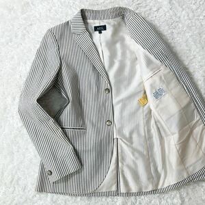 美品!!A.P.C. アーペーセー テーラードジャケット アンコン シアサッカー フランス製 グレー ストライプ 38 M相当 2B 春夏 メンズ 仕事 