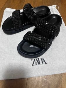 ZARA ブラックラインストーン バックル フラットスライドサンダル　37