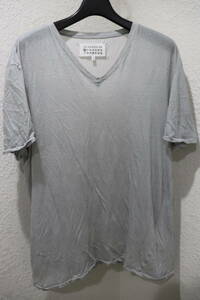 即决 14SS Martin Margiela マルタンマルジェラ ⑩ 2014SS 織り柄入り ニットソー素材 VネックTシャツ メンズ 44 ライトグレー