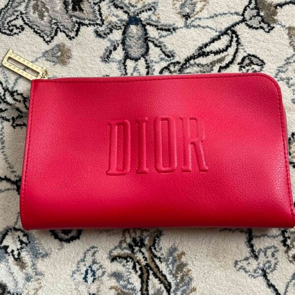 Dior【即納】ポーチ クリスチャンディオール ペンケース 筆箱 メイクポーチ ノベルティ 赤 レッド ラウンドファスナー ロゴ