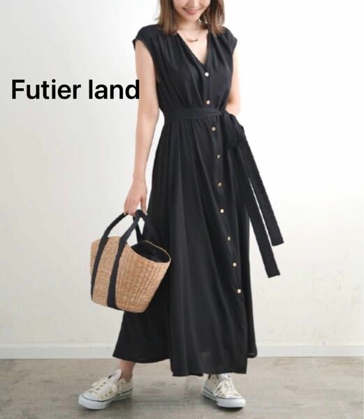 ★Futier land ノースリーブワンピース　ブラック　黒　Ｖネック マキシワンピース ロングドレス ロングワンピース