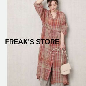 ★FREAK'S STORE　赤　7分袖チェックワンピース シャツワンピ　チェック柄　シアー　チェック　おしゃれ　お出かけ ワンピ