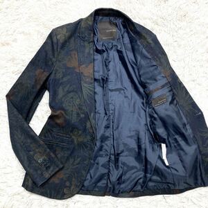 極美品 ザラ【圧倒的存在感】ZARA テーラードジャケット ブレザー 花柄 総柄 Lサイズ オシャレ ダークネイビー マルチカラー １ボタン