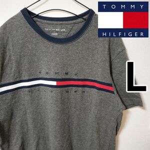 トミーヒルフィガー グレー 半袖Tシャツ 刺繍ロゴ 人気デザイン メンズL 古着 TOMMYHILFIGER