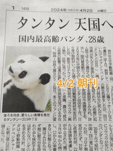 神戸新聞 2024.4.2 朝刊 王子動物園 タンタン