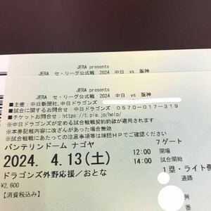 ユニホーム配布日★4/13(土)14:00 バンテリンドームナゴヤ 中日対阪神 ドラゴンズ外野応援/おとな 1塁ライト側 通路横近2枚連番 応援団近