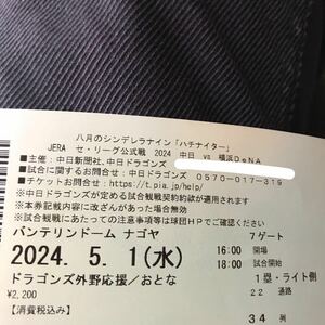 定価以下 ★5/1(水)18:00 バンテリンドームナゴヤ 中日対横浜DeNA ドラゴンズ外野応援/おとな 1塁ライト側9列目 背後通路1枚 竜陣祭2024