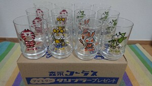 デッドストック 森永コーラス ファミリー タンブラー 12個セット ノベルティー 昭和レトロ HOYAクリスタル 非売品 水森亜土 イラスト アド