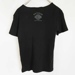 YHqyy/Sサイズ/USA製 HARLEY-DAVIDSON ハーレーダビッドソン Vネック 半袖Tシャツ 黒(ブラック)系 USED 古着 レース レディース ロゴの画像3