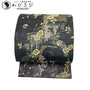 袋帯 桜の花と波模様 オーロラ箔 金糸 黒色 O-3450