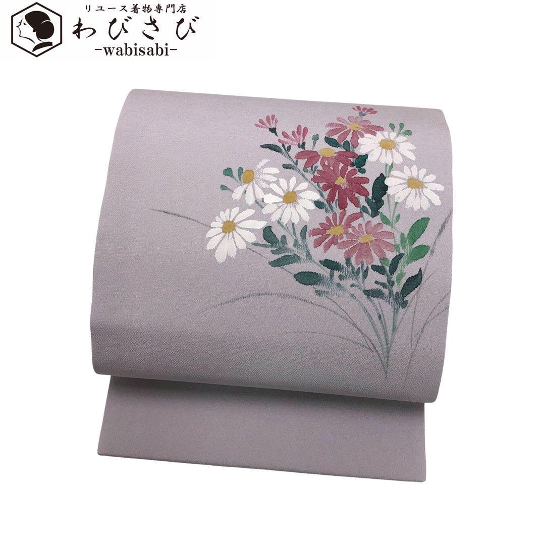 Nagoya obi, hand-drawn floral pattern, white wisteria color, guard processing, O-3507, band, Nagoya Obi, Ready-made