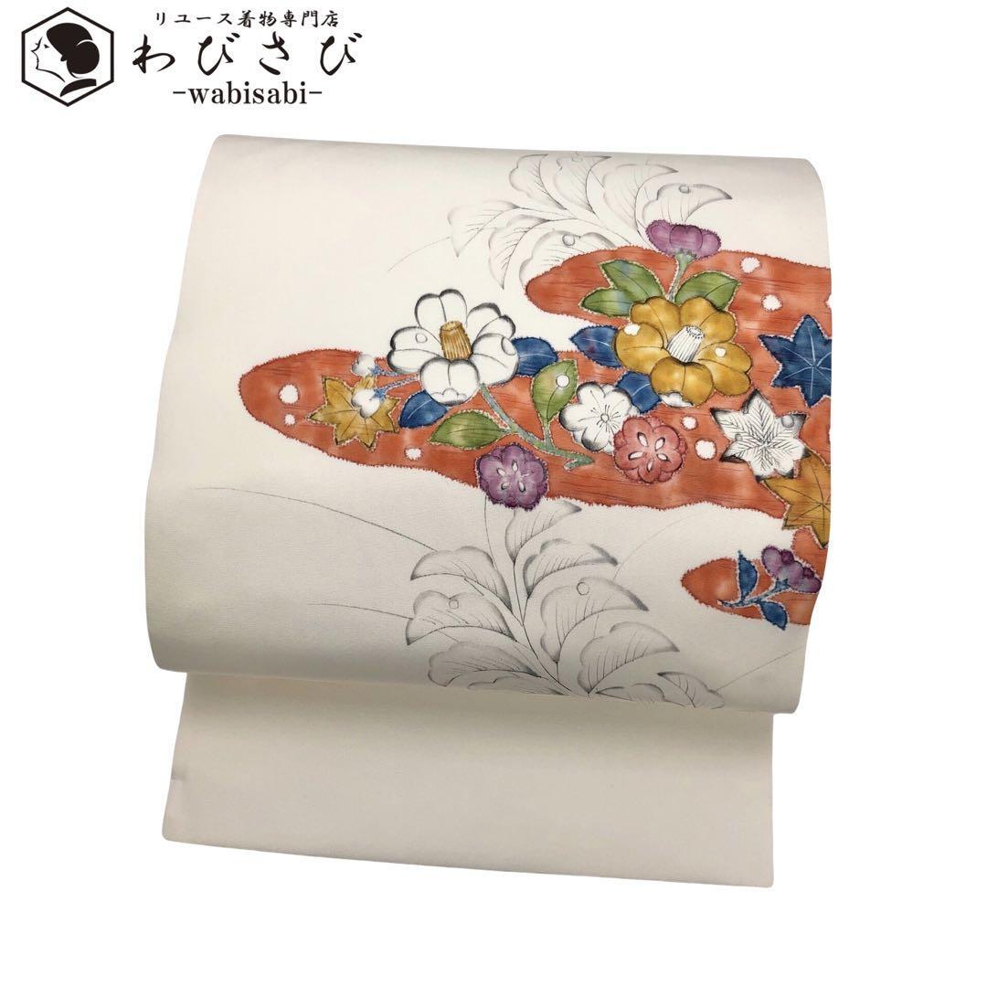 Nagoya obi, artist's work, Shiose, hand-painted, colorful floral pattern, milky white color O-3558, band, Nagoya Obi, Ready-made