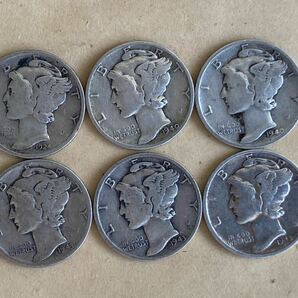1円スタート アメリカ銀貨 10セント 6枚セット マーキュリー 1924～1944年の画像1