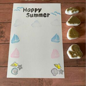 【再出品】消しゴムはんこ　happy summer 暑中見舞い　夏　海　貝殻