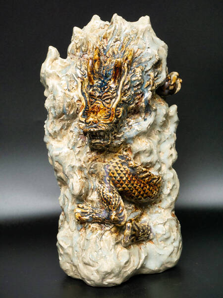 【値下げ交渉有り】 島常賀? 壺屋焼 陶彫 昇竜 置物 オブジェ 合木箱付