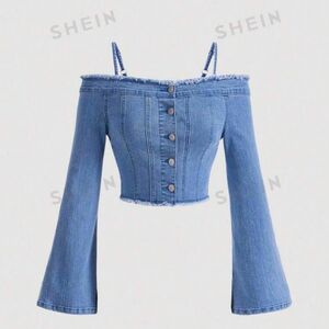 SHEIN MOD デニムシャツ ストラップ ノースリーブ ブルー 26058692