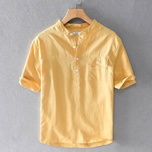 2XL イエロー リネンシャツ メンズ 半袖 無地 ヘンリーネック ポケット付き 白シャツ カジュアル 綿麻 バンドカラー プルオーバーシャツ