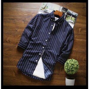 2XL（日本L相当） ネイビー カジュアルシャツ メンズ 七分袖 ボタンダウン ストライプ柄 薄手 形態安定加工 スリム 春夏