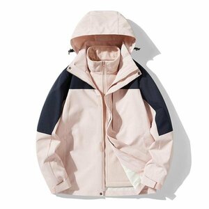 2XL ネイビー+ピンク マウンテンパーカー メンズ レディース 3way フード脱着可 登山服 防風 ボアライナー付き 取り外し可 フリース 撥水